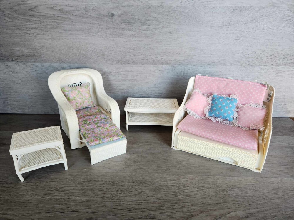 Vintage 80's Barbie Cottage Dream White Faux Wicker Furniture Set